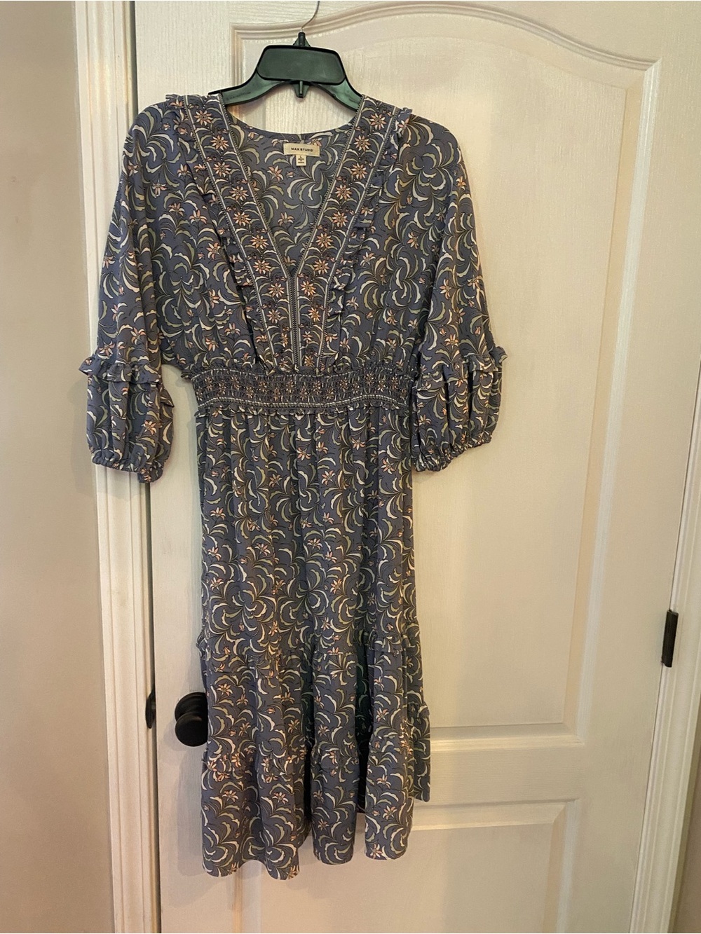 Max Studio Blue Floral Smocked Midi Dress with V-Neck